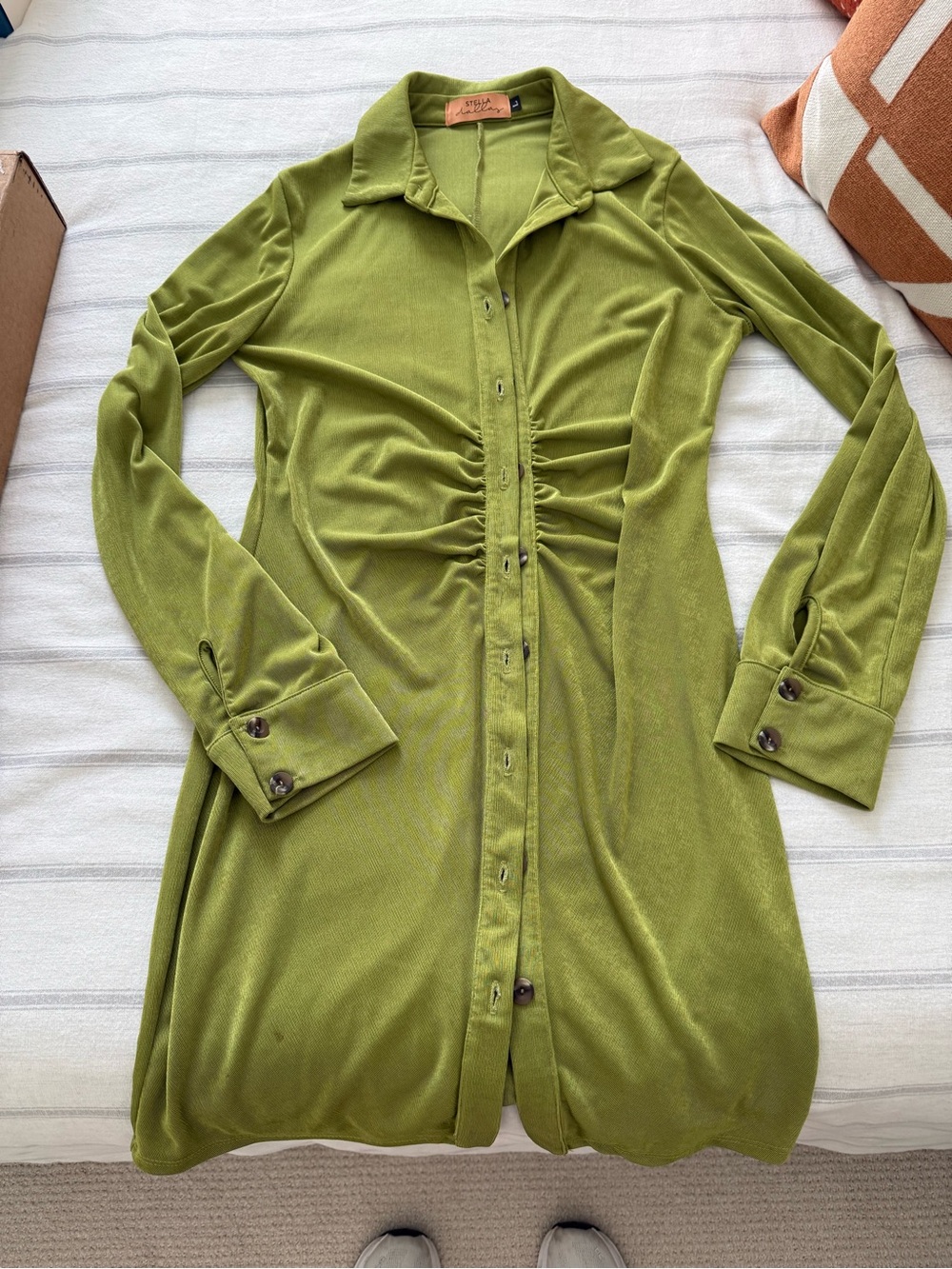 Olive Green Ruched Front Button-Down Dress - Picture 1 of 3
